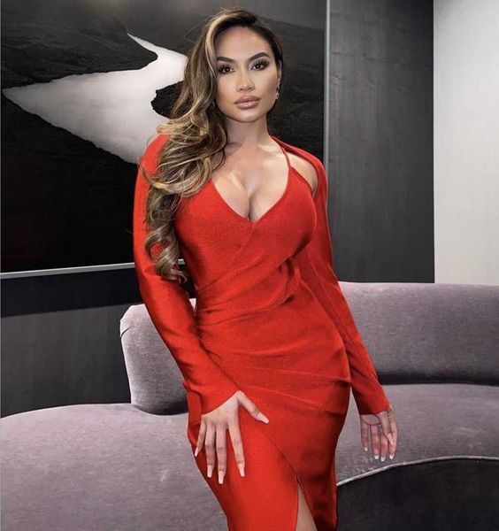 Abito da donna sexy a maniche lunghe con fasciatura rossa invernale Natale Natale Split Celebrity Bodycon Party Vestido 210527