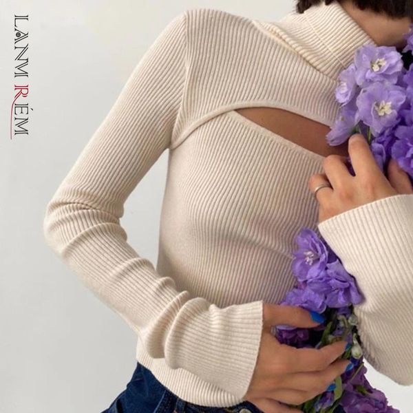 

slimfit women solid hollow out all match t-shirt tuetleneck long sleeve fashion tide spring autumn 2f0101 210507, White