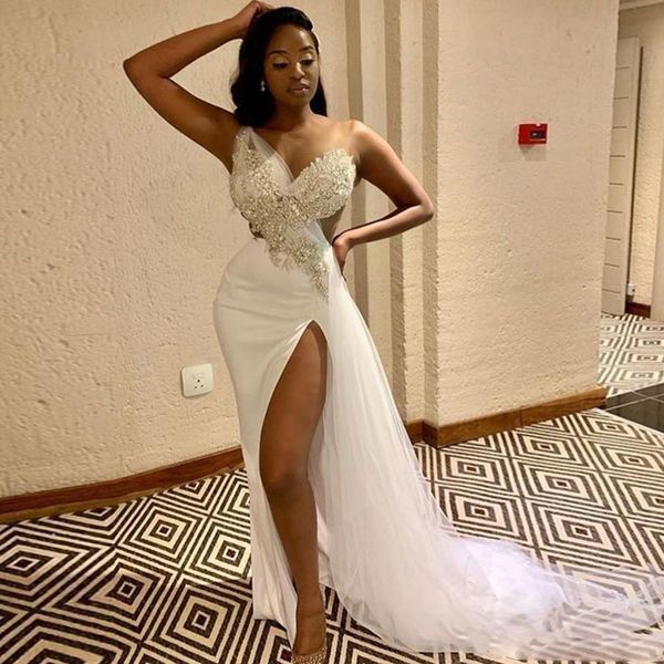 

one shoulder mermaid evening dresses 2021 white applique long slit prom party gowns tulle beading, Black;red