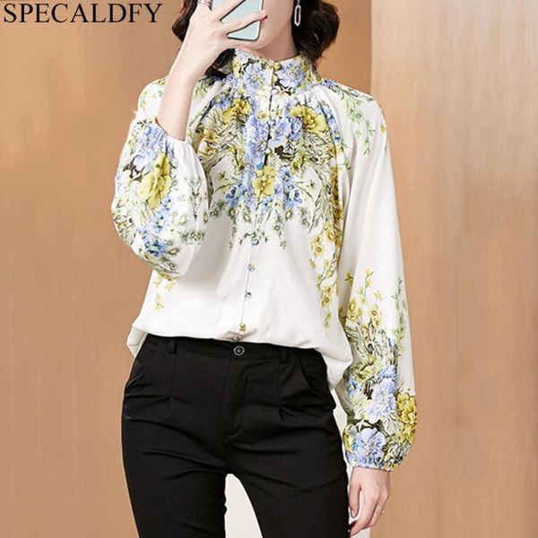 

women's blouses & shirts floral print elegant blouse women stand neck button casual shirt lantern long sleeve office ladies runway blus, White