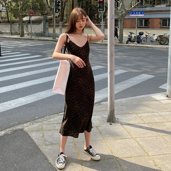 

maxi leopard v-neck sling sleeveless dress slim long women dresses summer 2021, Black;gray