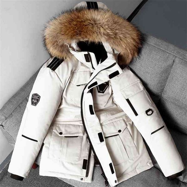 Inverno dos homens para baixo jaqueta com capuz quente pato branco anorak homens parka meados de casaco de colarinho de pele impermeável macho 210910