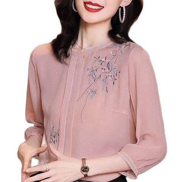 

women's blouses & shirts women spring summer style chiffon lady casual three quartz sleeve o-neck embroidery df4176, White