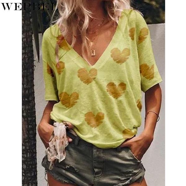 

t-shirt women's casual short sleeve summer fashion heart printing v-neck loose pullover, White