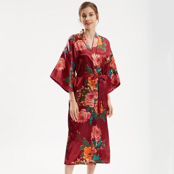 

women's sleepwear large size women kimono bathrobe gowm long nightgowm print flower bride bridesmaid wedding robe casual home dress, Black;red