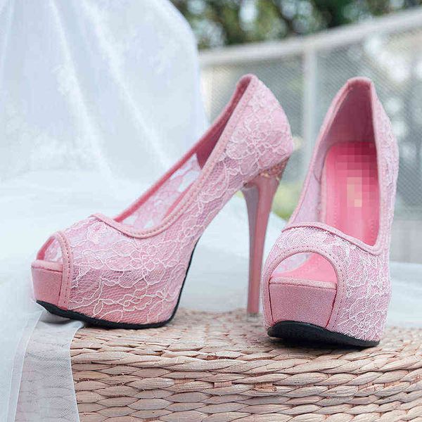 Scarpe singole da donna in pizzo moda primaverile ed estiva europea e americana, tacco sottile, bocca di pesce, tacchi alti transfrontalieri