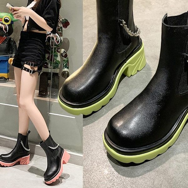

boots women's 2021 female chain ankle square heels ladies shoes autumn winter thick bottom non-slip women boot fashion, Black