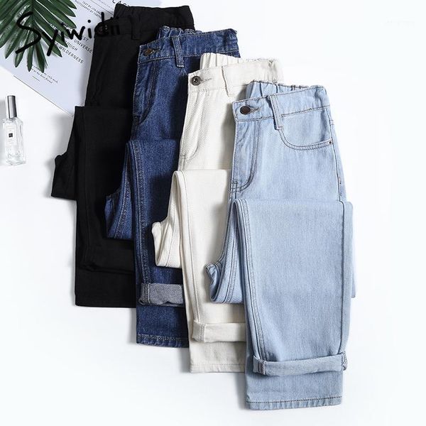

women's jeans blue mom woman elastic waist high wais plus size denim pants boyfriend for women washed cotton 2021 fashion