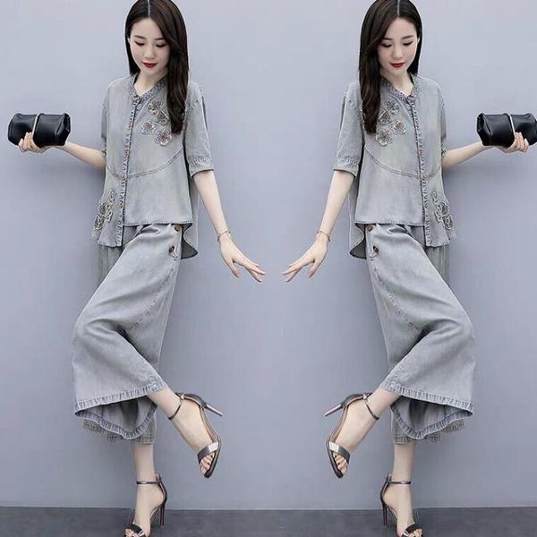 

two piece dress floral jeans wide leg pants women outfits summer ensemble femme 2 sets womens woman's woman suit, White