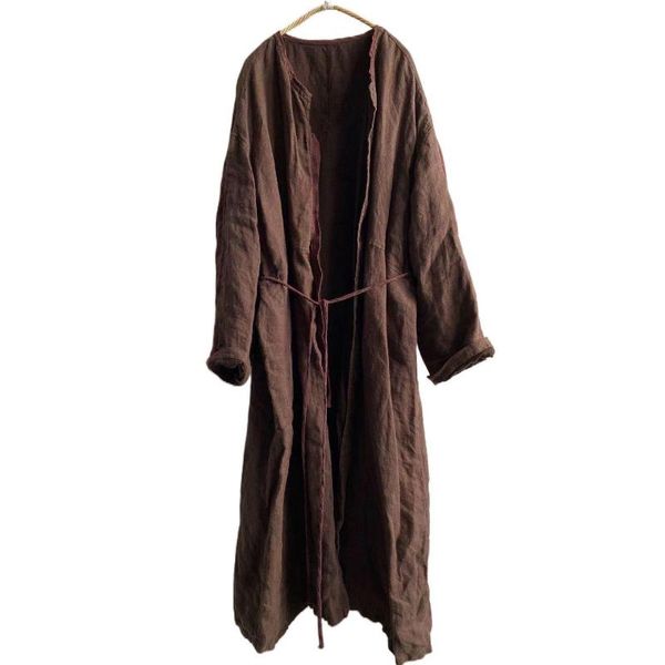 

women's trench coats qpfjqd ladies retro linen belt original long sleeve water wash x-long 2022 autumn spring women coat chinese style, Tan;black
