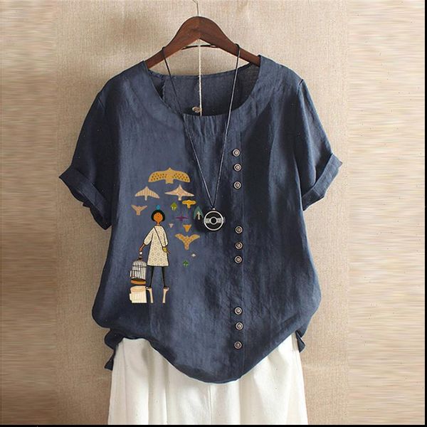 

o neck short sleeve cartoon women blouses girl print buttons cotton linen vintage roupa feminina clothes blusas femininas blouse, White