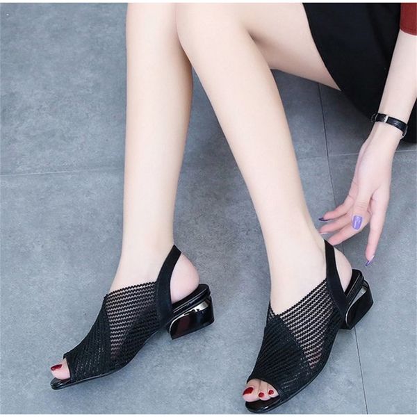 

women mesh sandals 2021 summer fashion fish mouth ankle strap breathable ladies platform shoes thick heel dress party sandals, Black