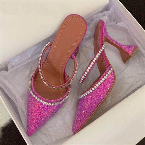 

dress shoes bling crystal pumps woman mules summer strange style slip on high-heeled women pointed toe rhinestone high heels, Black