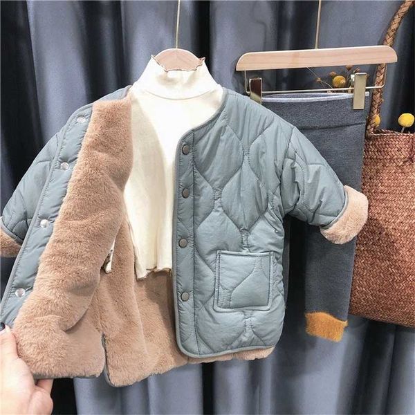 

children spring winter fur kids girl coat teenage thick outwear jackets warm fashion plus velvet 211023, Blue;gray