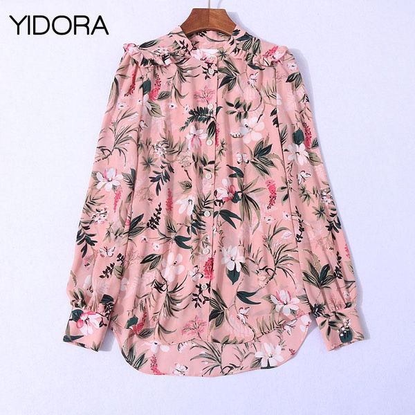

women's blouses & shirts high-end viscose 100% pink color floral print ruffled blouse - 2021 women quality long sleeve printed shirt, White