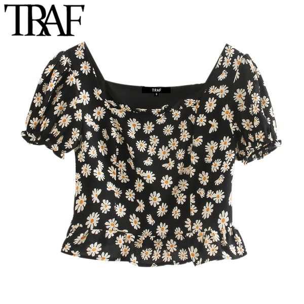 

traf women fashion floral print ruffled cropped blouses vintage square collar short sleeve female shirts chic 210415, White