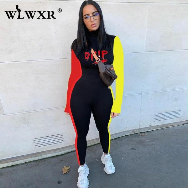

streetwear patchwork long sleeve jumpsuit women one piece outfit bodycon 2021 elastic romper ladies letter print women's jumpsuits & ro, Black;white