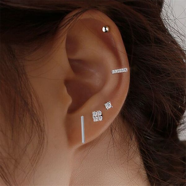 

korean five sets diamond stud earrings copper beads strip ear nail women girls geometric gold silver earring jewelry fashion accessories who, Golden;silver