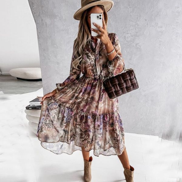 

casual dresses 2021 autumn elegant vintage office ladies long for woman robe fashion sleeve floral maxi dress women, Black;gray