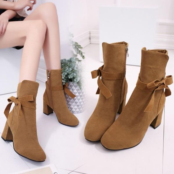 

boots ankle boot for women fashion platform high heels bow tie zipper shoes woman botas mujer invierno nice short casual footwear, Black