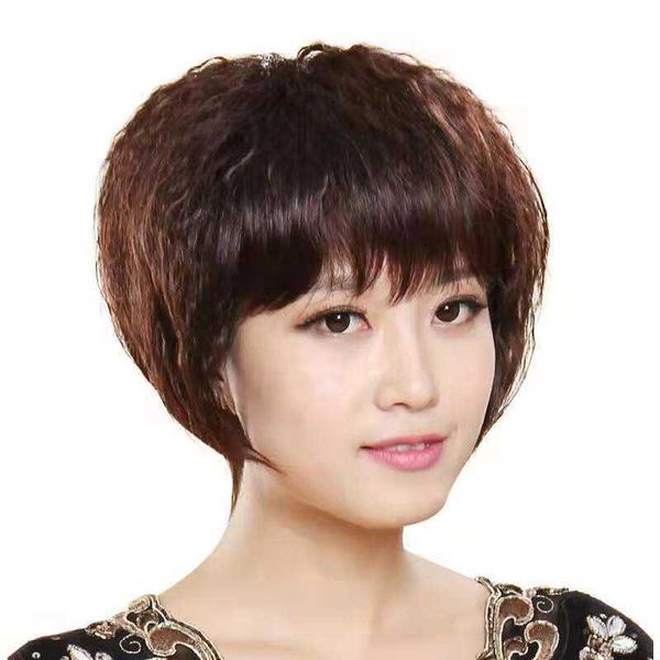 

head women's middle-aged and elderly ms' fibrous silk short curly real hair set ffy face trimming wig, Black
