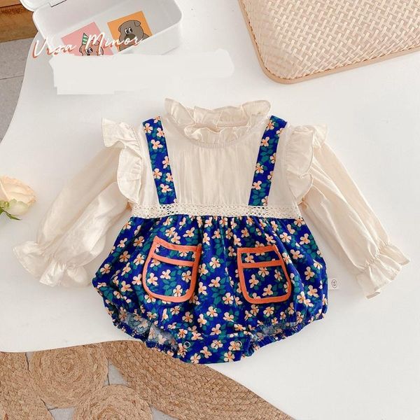 

rompers infant girls long sleeve floral print ruffles princess birthday party born baby bodysuits kids toddler outfits, Blue