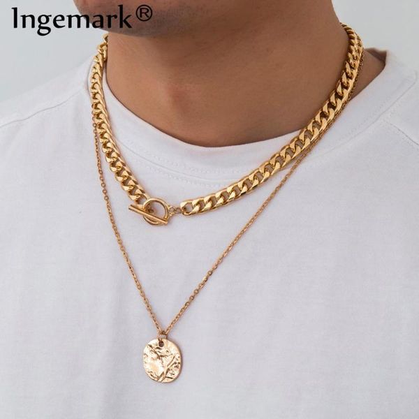 

goth miami cuban choker necklace collares statement hip hop lariat geometic round coin pendant long chain women jewelry necklaces, Silver