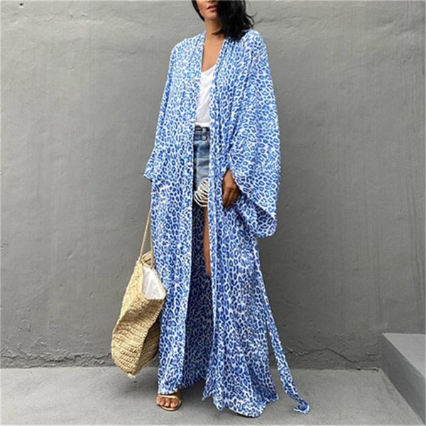 

women's swimwear boho leopard print bikini cover-ups elegant self belted dress tunic women plus size long cardigan beach wear cover up, White;black