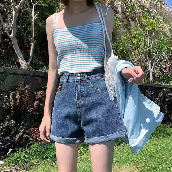 

women's shorts fashion jeans casual slim high waist loose double button 2021 lotus leaf roll for women, White;black