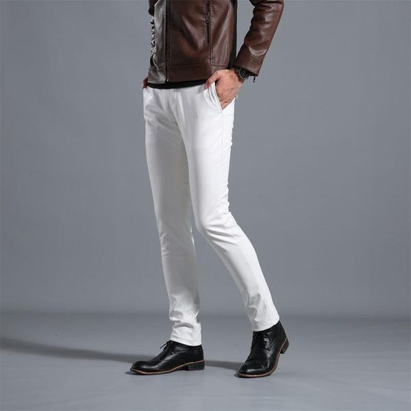 

men's pants spring leather youth trendy slim fit skinny casual pu a6ja, Black