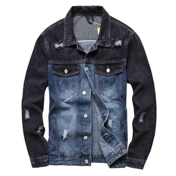 

fashion men's jacket hole shirt denim coat color matching, Black;brown
