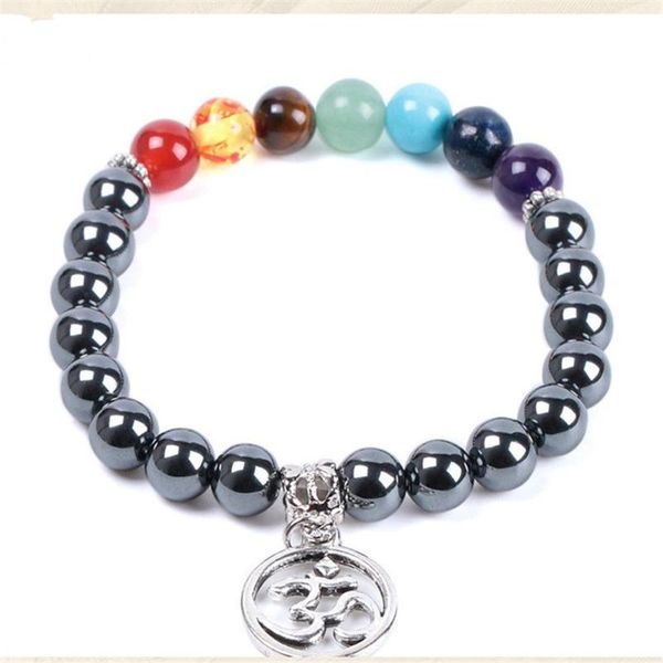 

charm bracelets wholesale 6pcs/lot 8mm stone beads jewelry natural semi-precious crystal bracelet seven chakras black moon yoga, Golden;silver