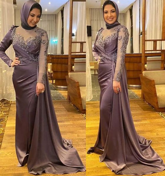 

2022 plus size arabic aso ebi muslim lace beaded prom dresses sheer neck satin evening formal party second reception bridesmaid gowns dress, Black