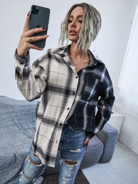 

color-block plaid pocket front blouse b4kk#, White