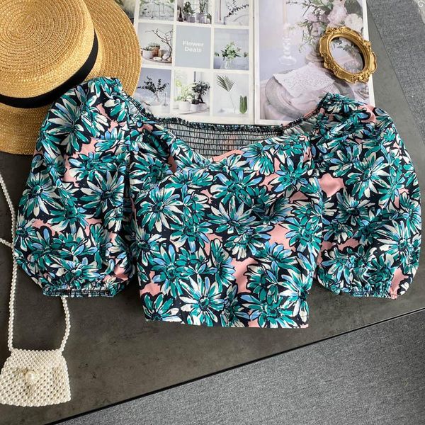 

women's blouses & shirts women vintage 2021 summer sleeve v-neck short blouse korean ladies floral printed crop femme, White