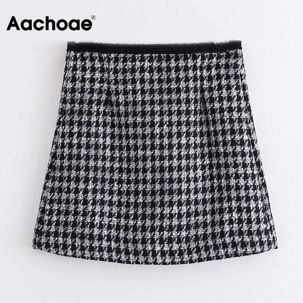 

chic plaid tweed mini skirt women a line office pleated ladies skirts high waist vintage houndstooth skirt jupe femme, Black;white