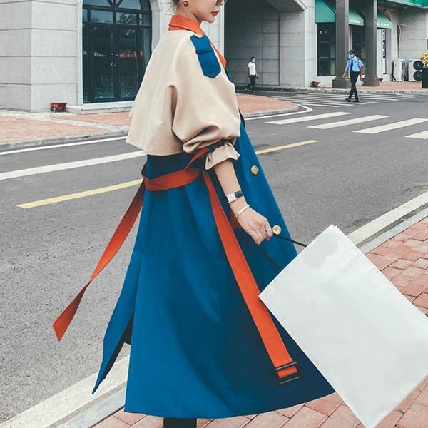 

deat autumn fashion women's trench coat england style hit color patchwork full sleeve lapel collar with belt tx156, Tan;black