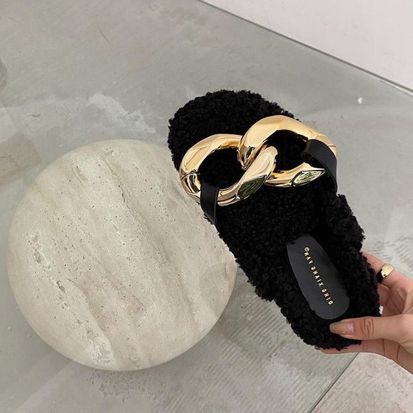 

slippers slides casual flat flip flop drop design women slipper fashion gold chain slip on mules shoes winter warm lambswool, Black