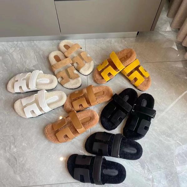 

h wool leather sandals designer luxury women men flat heel slippers buckle sandal slipper warm fashion comfort casual shoes with box size 35, Black