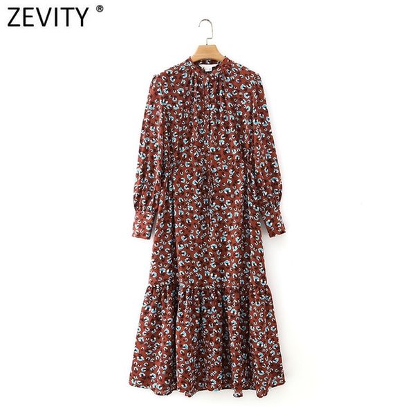 

women elegant floral print pleats chiffon midi dress female long sleeve lace up casual slim ruffles vestidos ds4652 210420, Black;gray