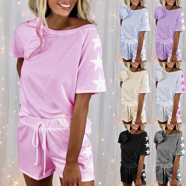 

women's tracksuits casual round neck short-sleeved five-star print loose t-shirt high-waist wide-leg pants suit shorts two-piece, Gray