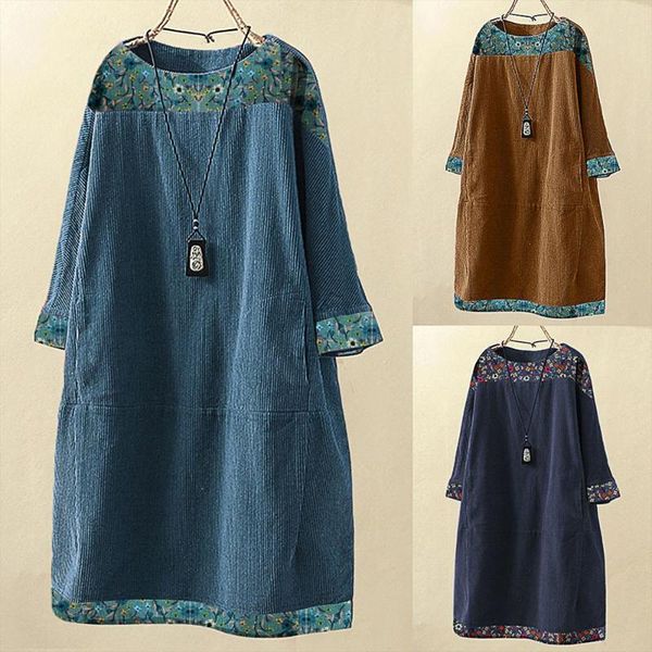 

casual dresses vintage autumn winter corduroy woman dress floral printed long sleeves causal loose tunic female party vestidos, Black;gray