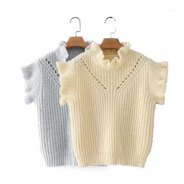 

european american french style temperament commute chest cut-out ruffled vest women's spring clothing short knitted 20211, Black;white