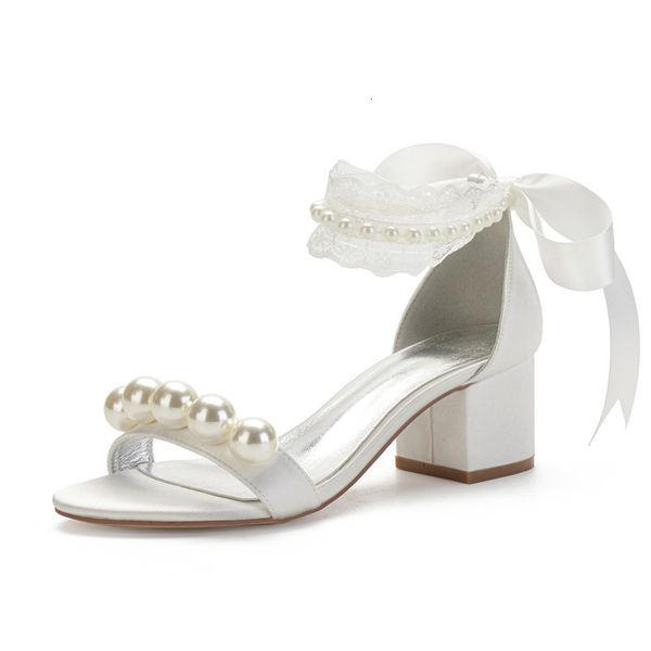 

dress shoes mid heels satin pearls wedding sandals for bride open toe ribbon tie heeled bridal party 2rdc, Black