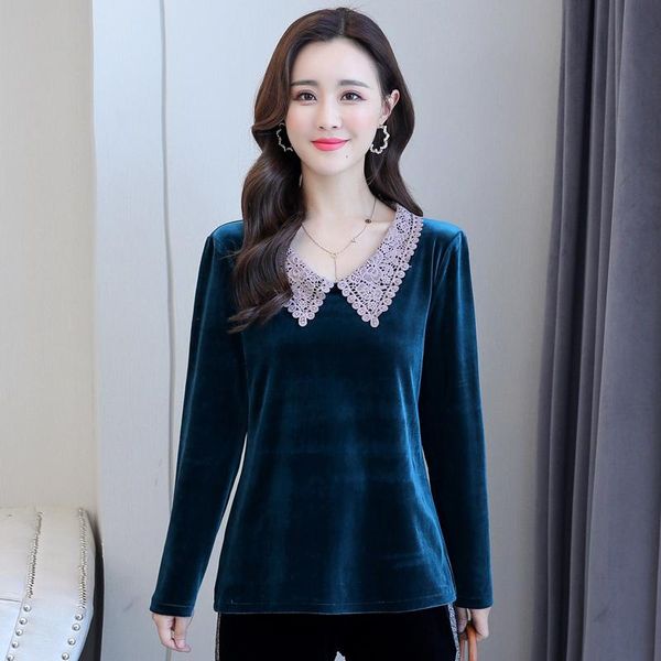 

plus size 6xl autumn women blouses 2021 elegant solid vintage velvet long sleeve shirts casual oversized lace lapel womens women's &, White