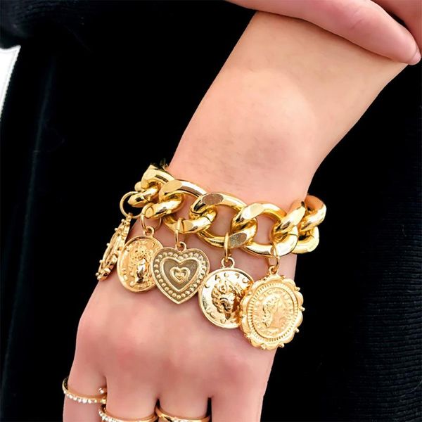 

charm bracelets punk gold coin bracelet women man statement portraits hip hop big color jewelry party daily bangles, Golden;silver