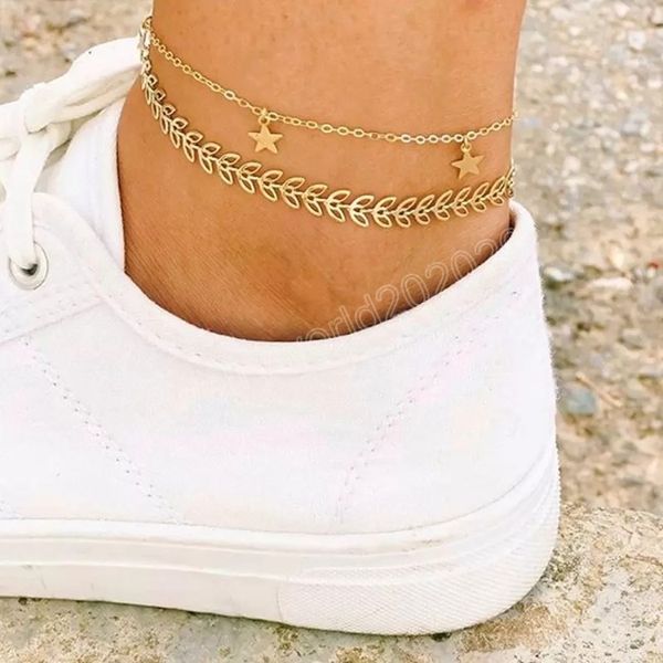 

five-pointed star leaf chain anklet beach travel accessories gold plated, Red;blue
