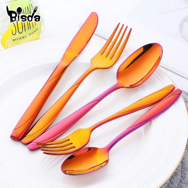 

dinnerware sets stainless steel cutlery set 5pcs gold server knife fork spoon cake teaspoon western steak utensil rainbow dinner tools