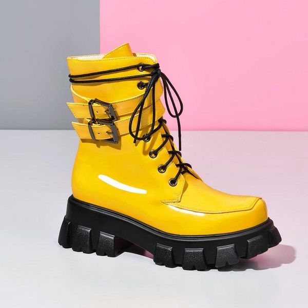 

boots black white yellow red fashion women thick-soled high heels ankle autumn winter zipper motorcycle women's shoes 2021