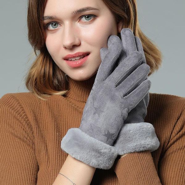 

five fingers gloves sparsil women warm cashmere velvet plush glove touch screen driving windproof button letter winter female sport cycling, Blue;gray